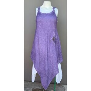 Zury Dress S/M Purple Cotton Gauze Lagenlook Boho Crochet Lace Handkerchief Hem